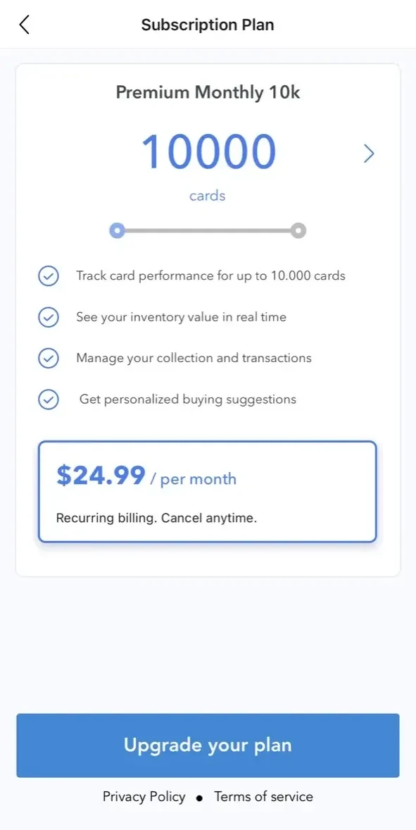 Collectibles paywall screen