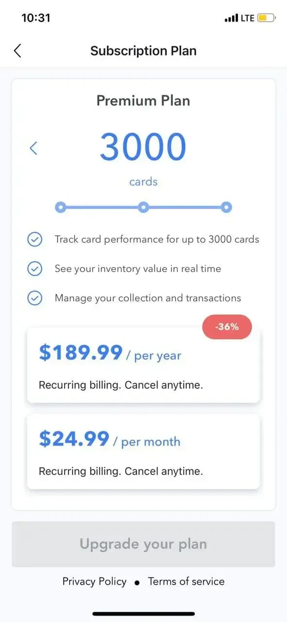 Collectibles paywall screen