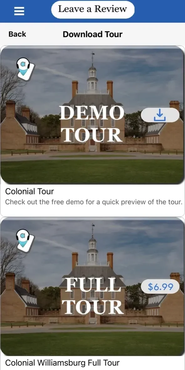 Colonial Williamsburg GPS Tour paywall screen