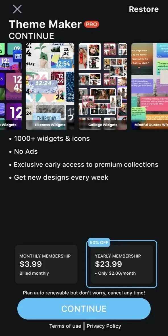 Color Widget paywall screen