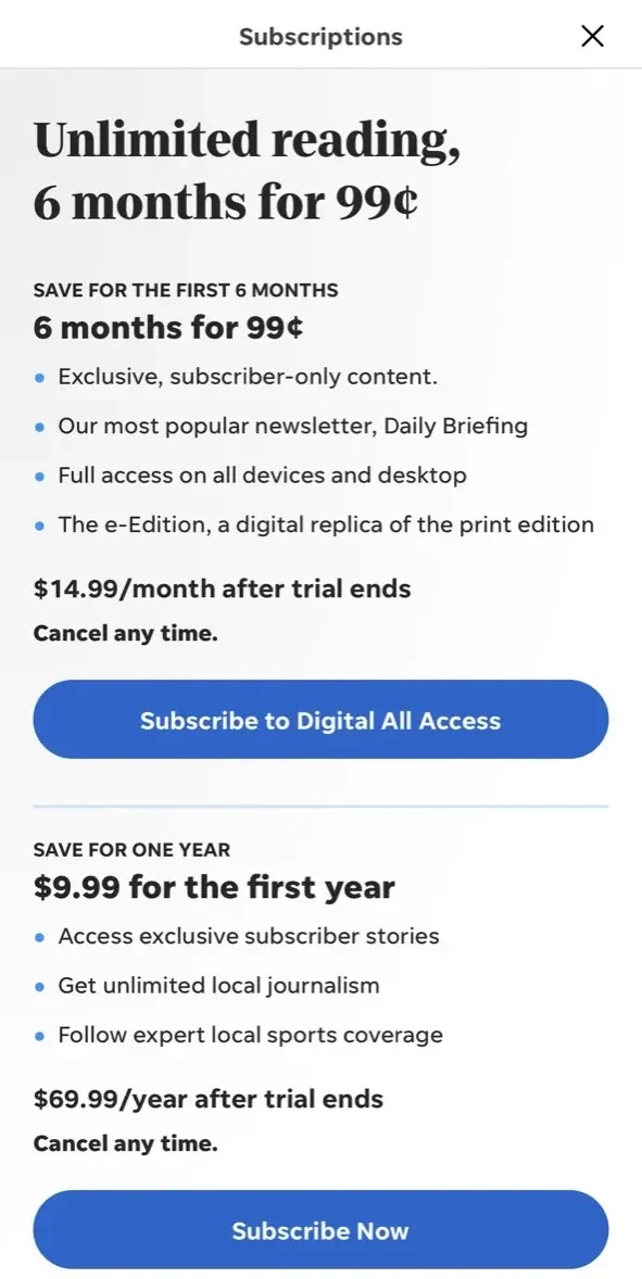 Coloradoan paywall screen