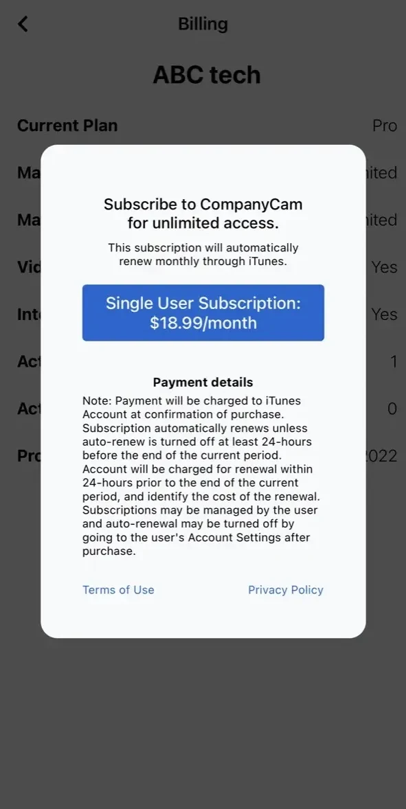 CompanyCam paywall screen