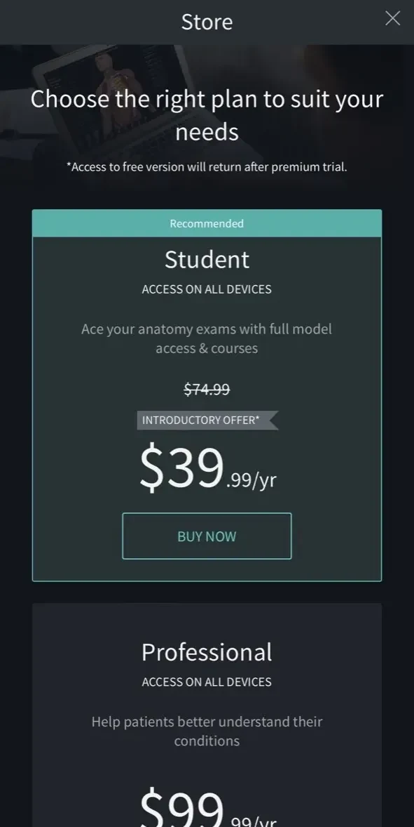 Complete Anatomy paywall screen