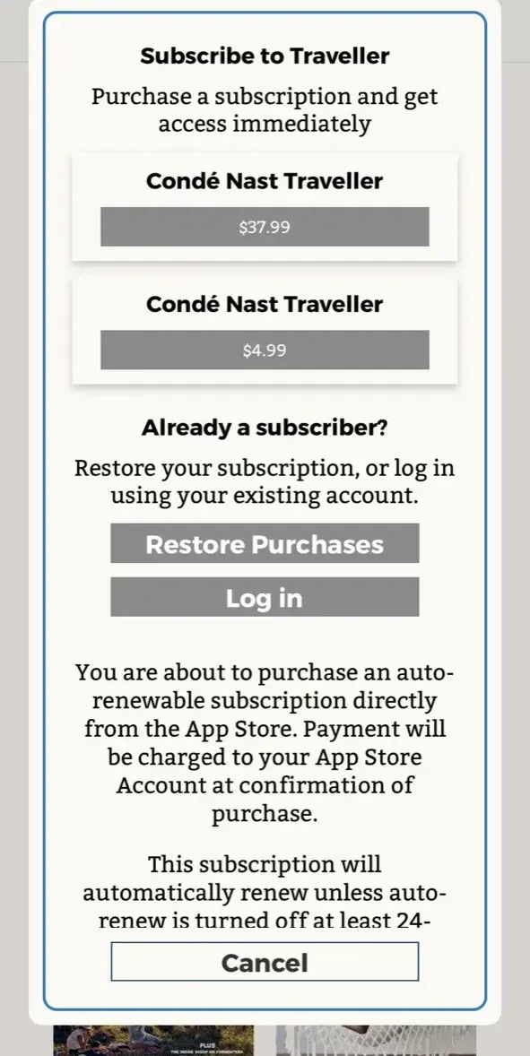 Condé Nast Traveller Magazine paywall screen