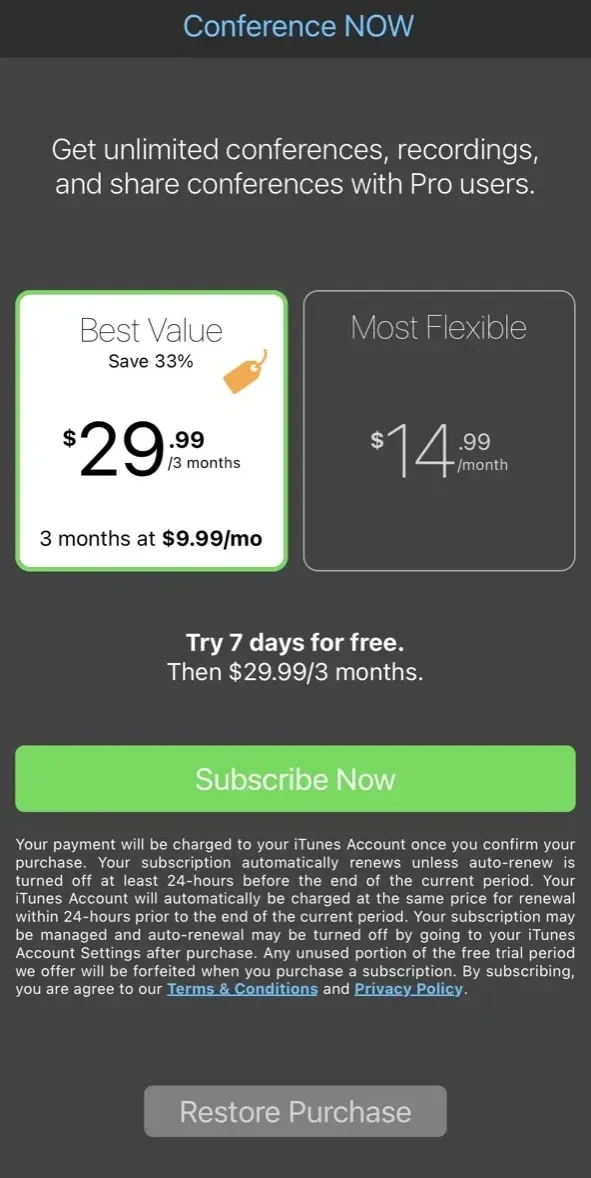 Conference NOW Pro paywall screen
