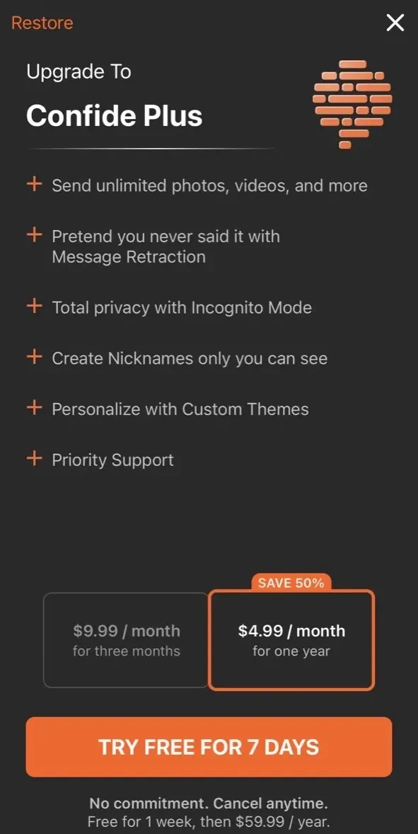 Confide paywall screen