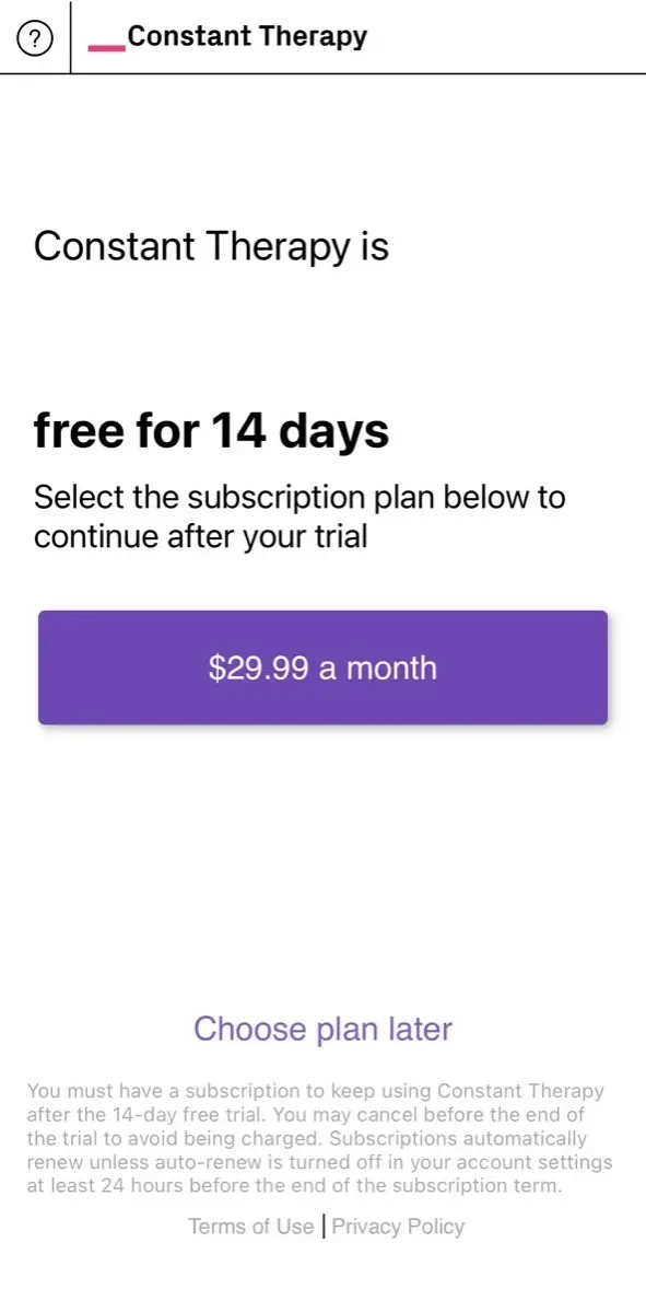 Constant Therapy paywall screen