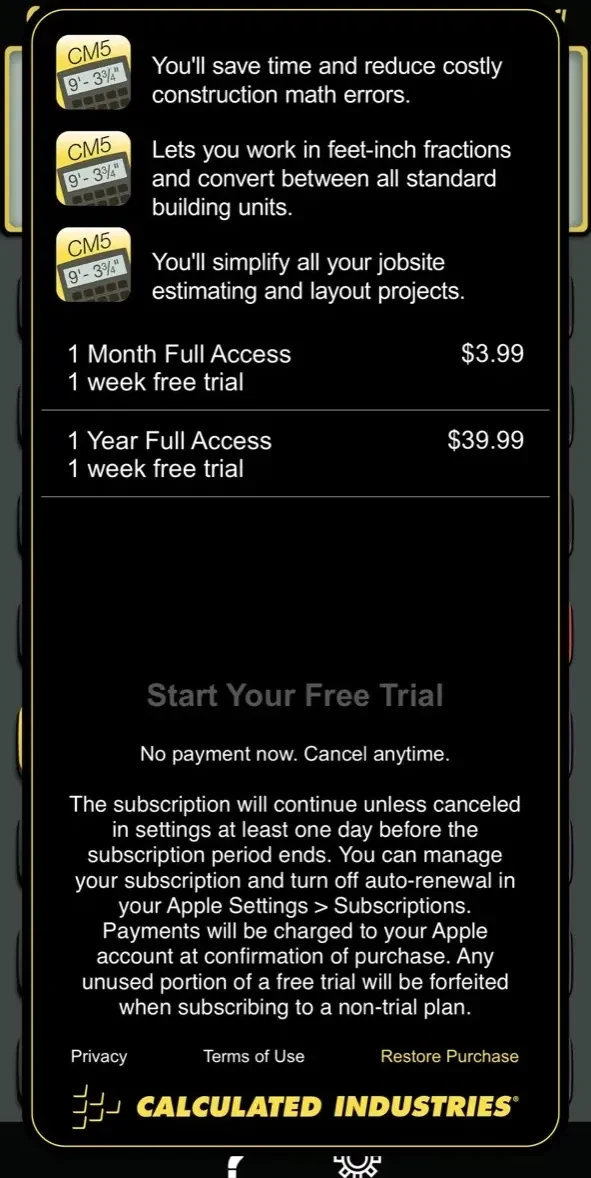 Construction Master 5 Calc paywall screen