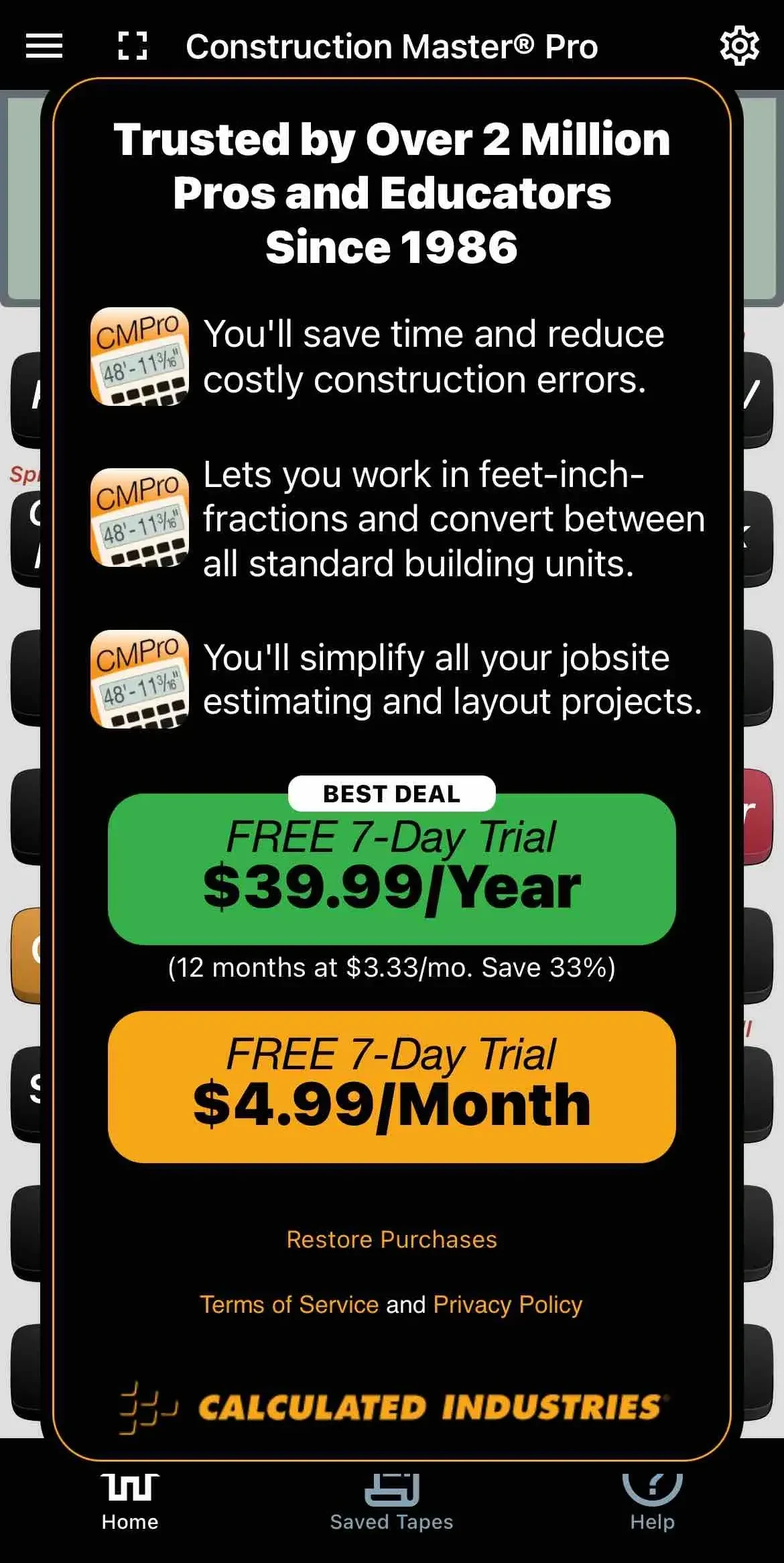 Construction Master Pro Calc paywall screen