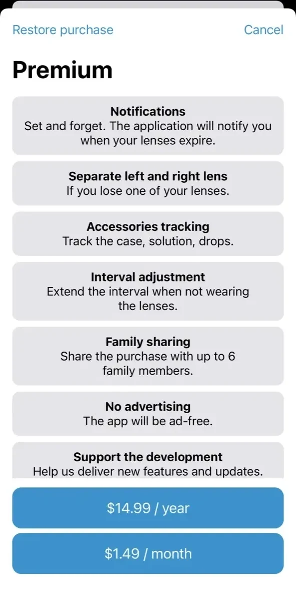 Contact Lenses Tracker paywall screen