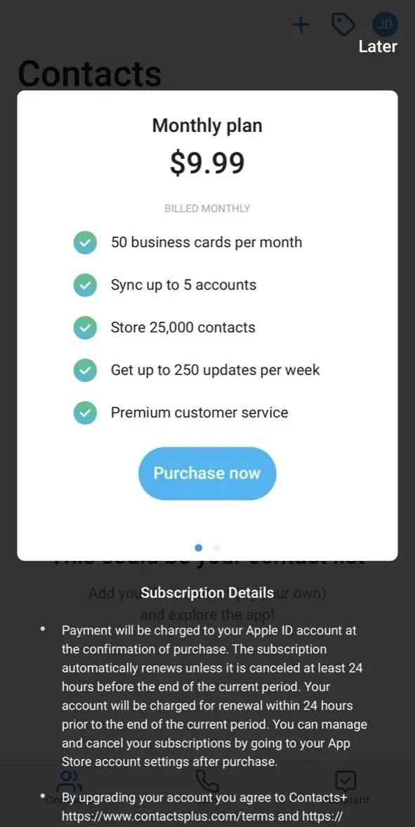 Contacts+ paywall screen