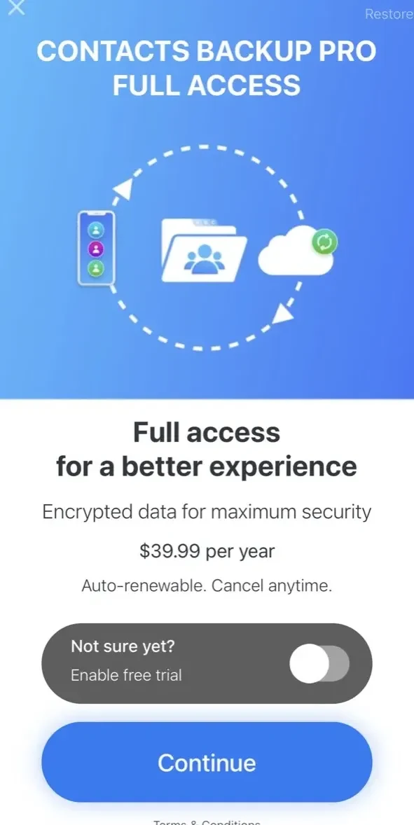 Contacts Backup Pro paywall screen