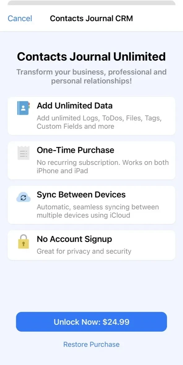 Contacts Journal CRM paywall screen