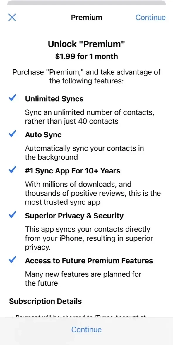 Contacts Sync paywall screen
