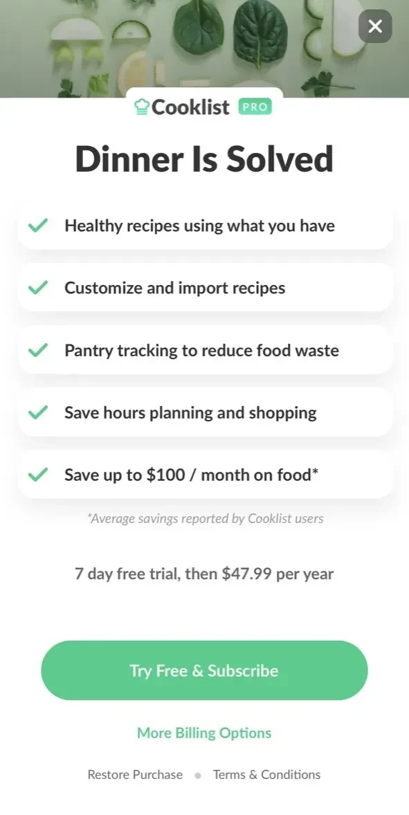 Cooklist paywall screen