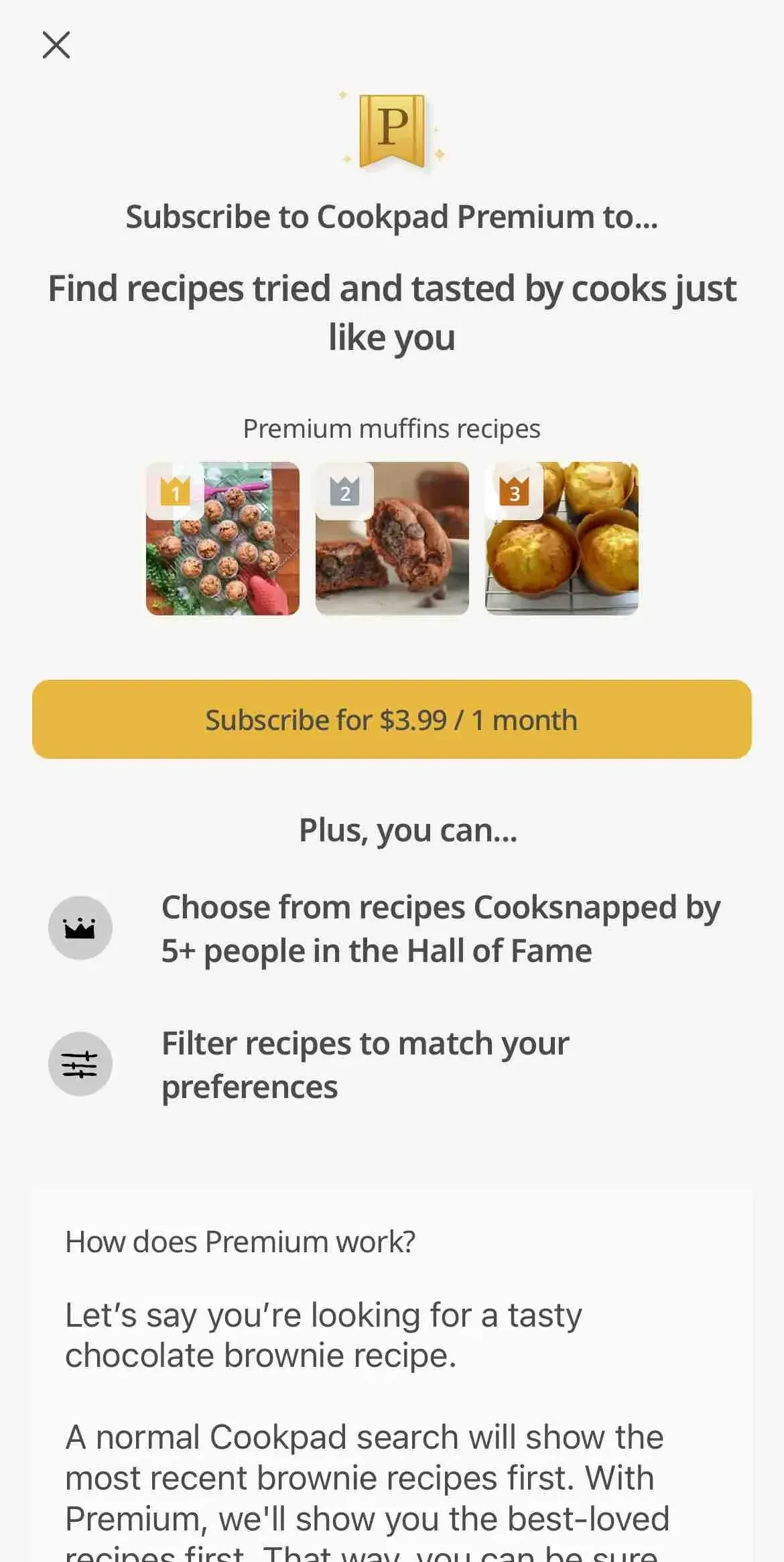 Cookpad Recipes paywall screen