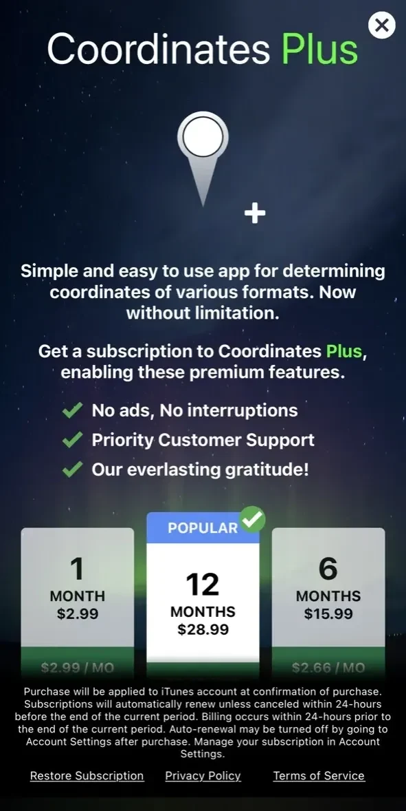 Coordinates paywall screen
