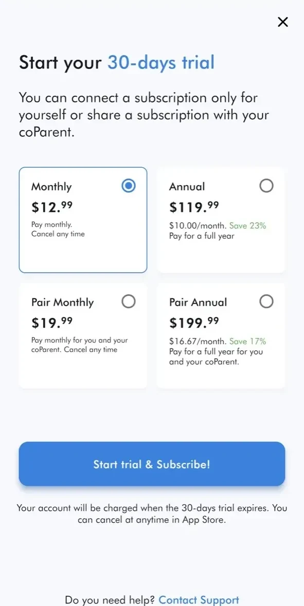 coParenter paywall screen