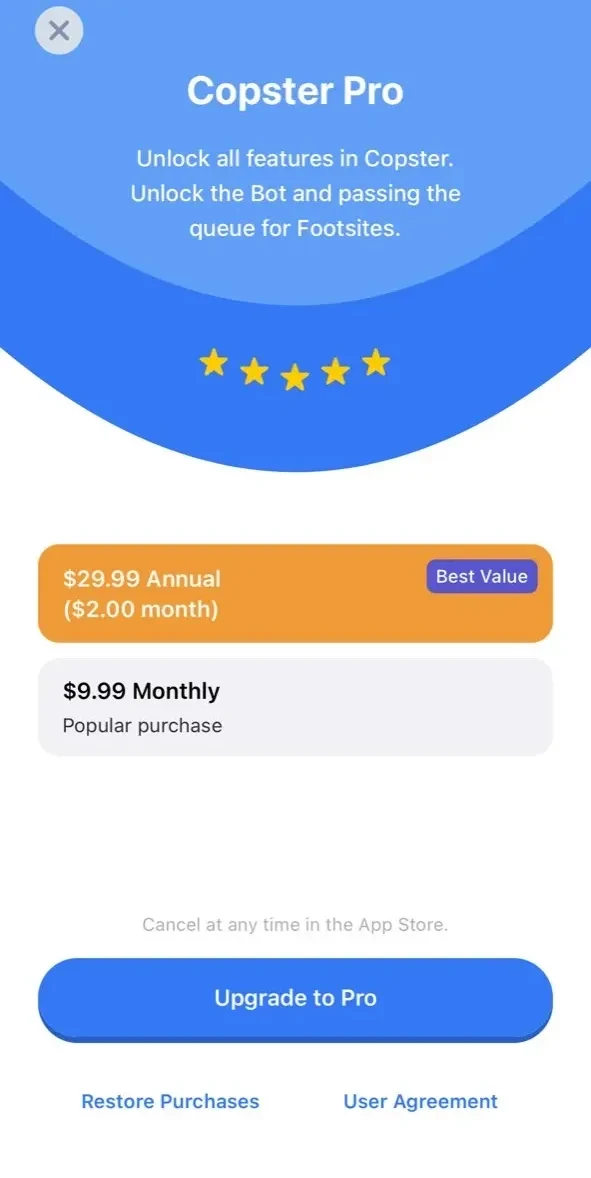 Copster paywall screen