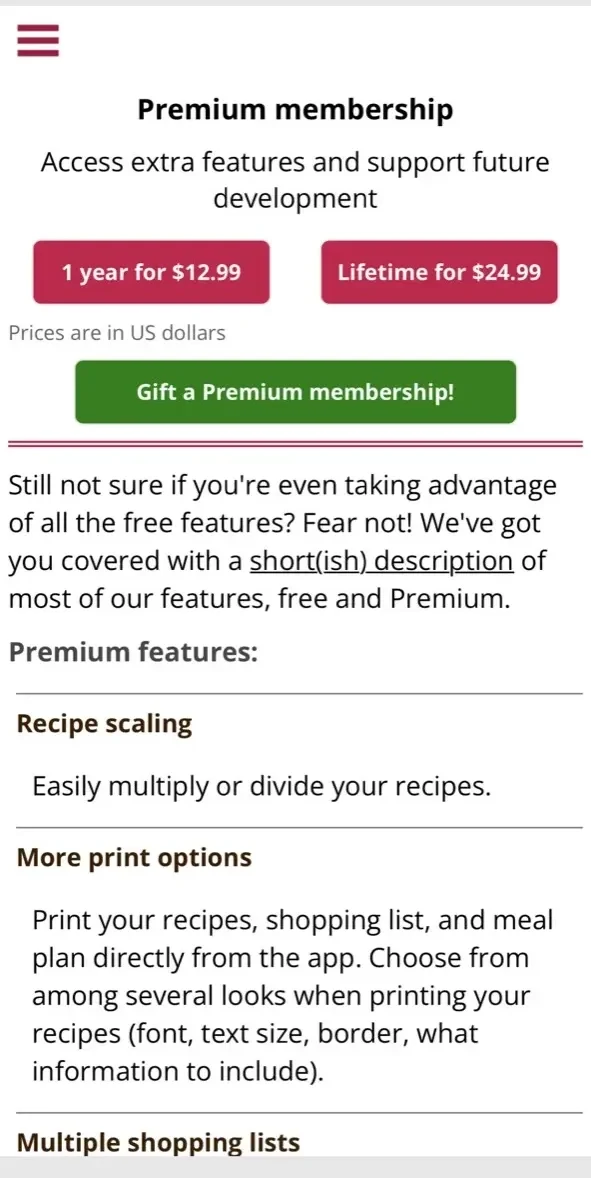 Copy Me That recipe manager paywall screen