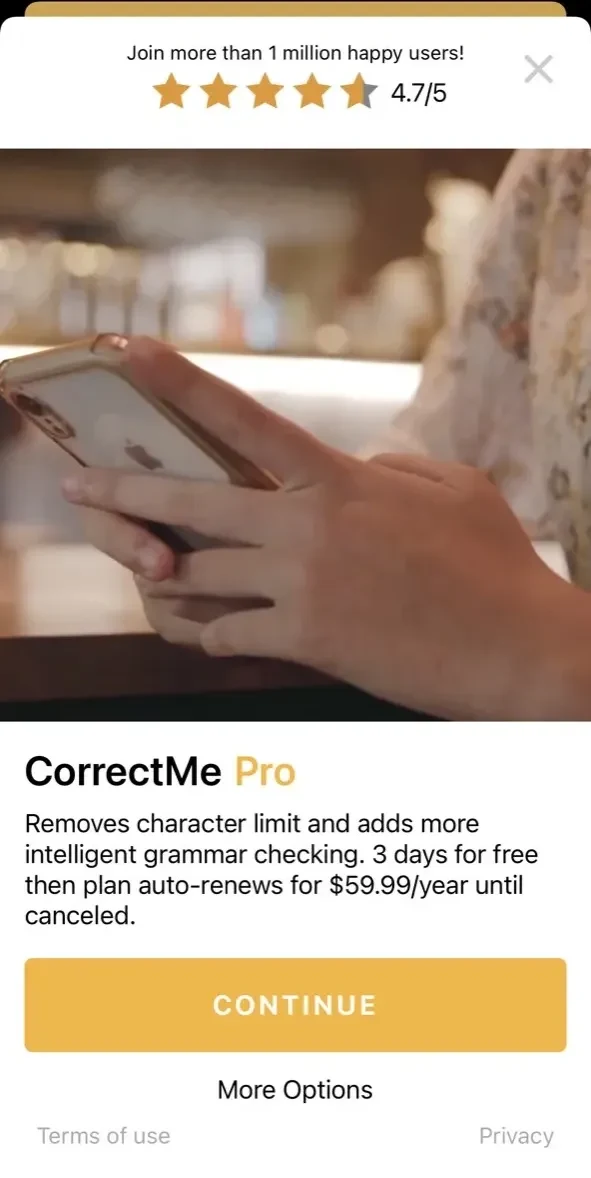 CorrectMe English Grammar help paywall screen