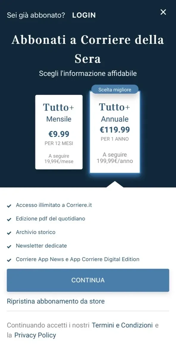 Corriere della Sera paywall screen
