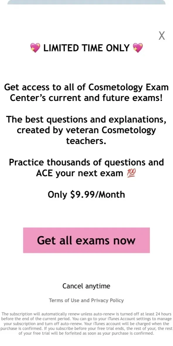 Cosmetology Exam Center paywall screen