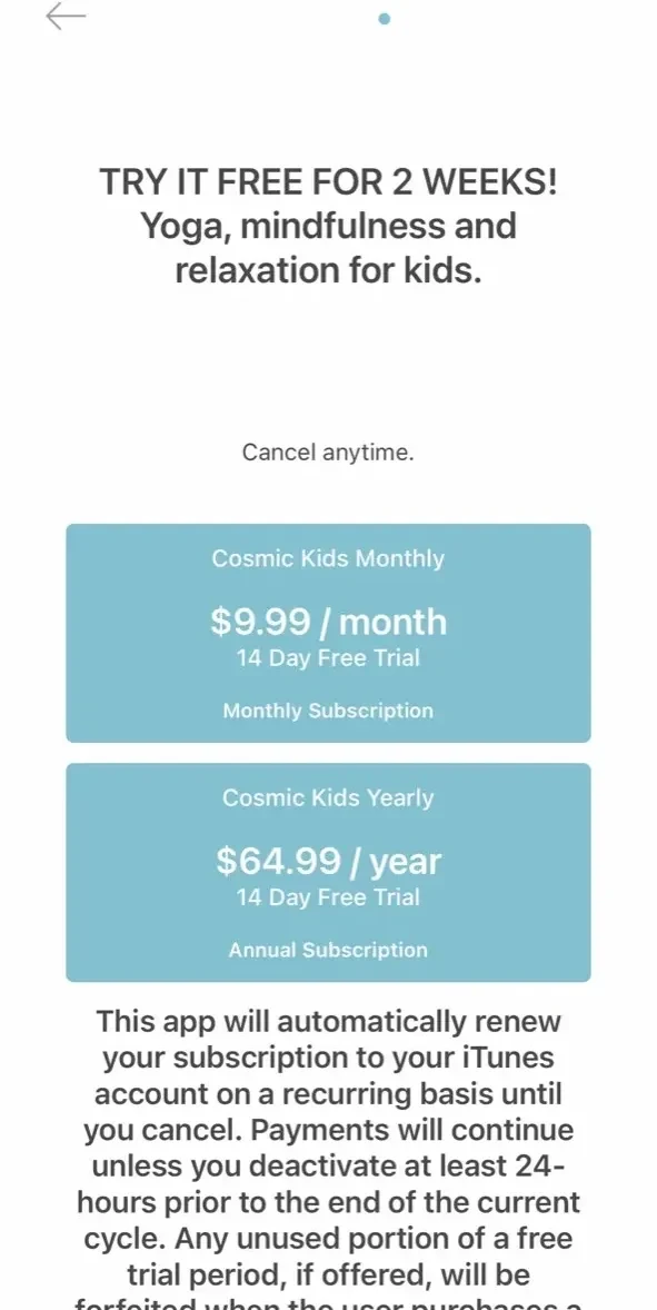 Cosmic Kids Yoga paywall screen