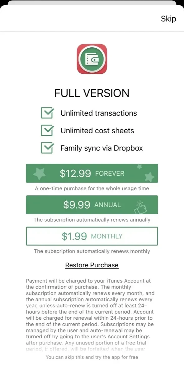 Cost Track paywall screen