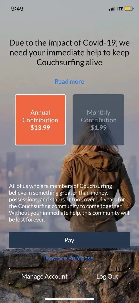 Couchsurfing Travel App paywall screen