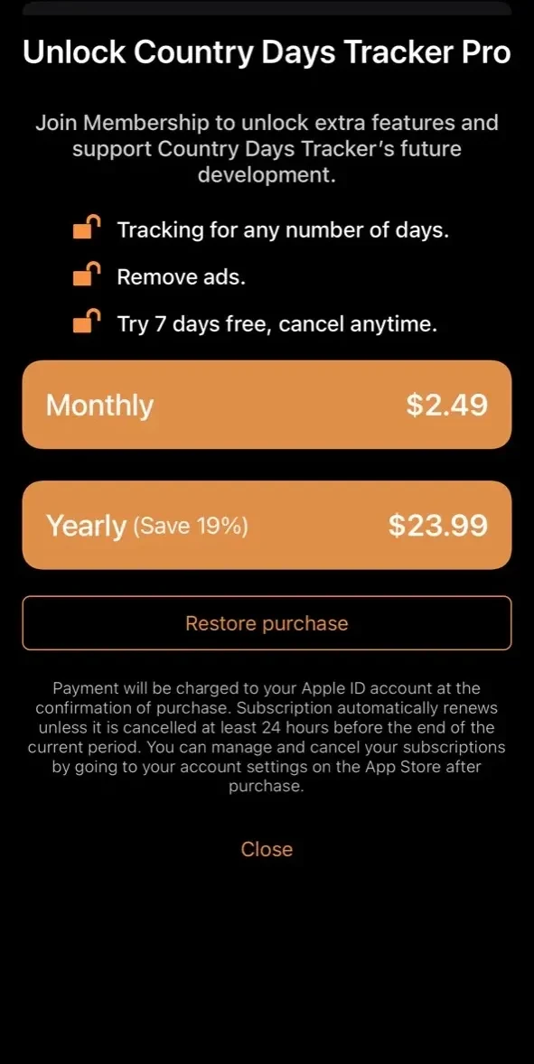 Country Days Tracker paywall screen