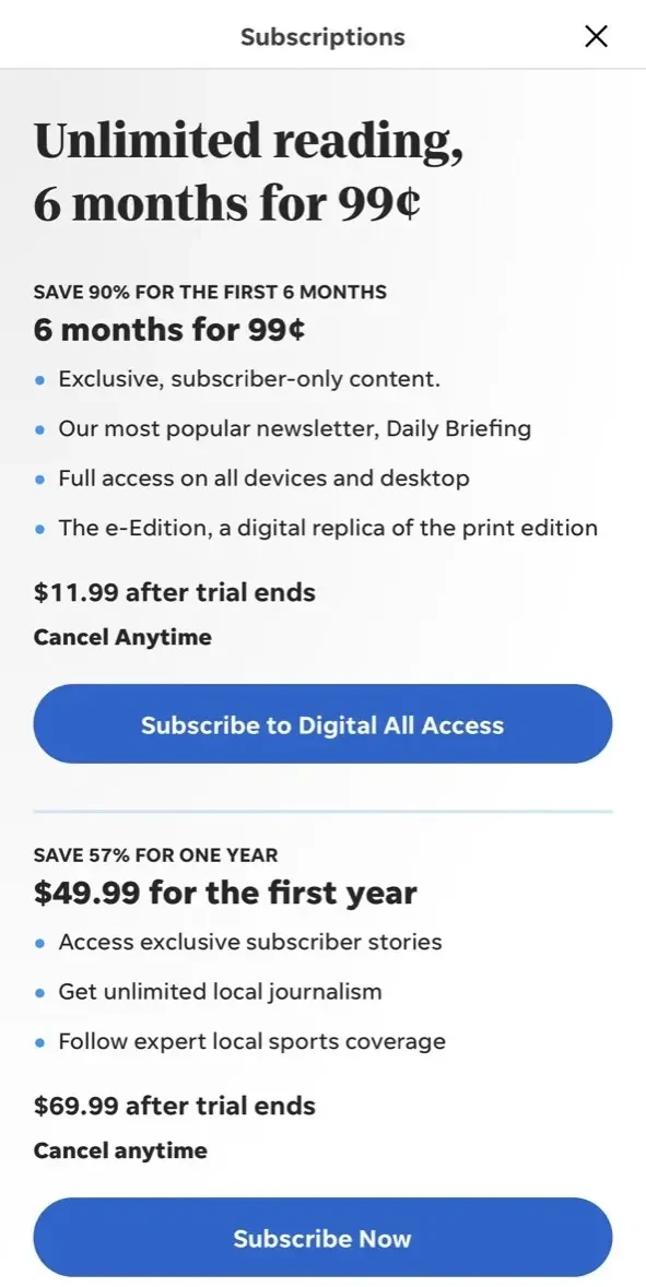 Courier Journal paywall screen