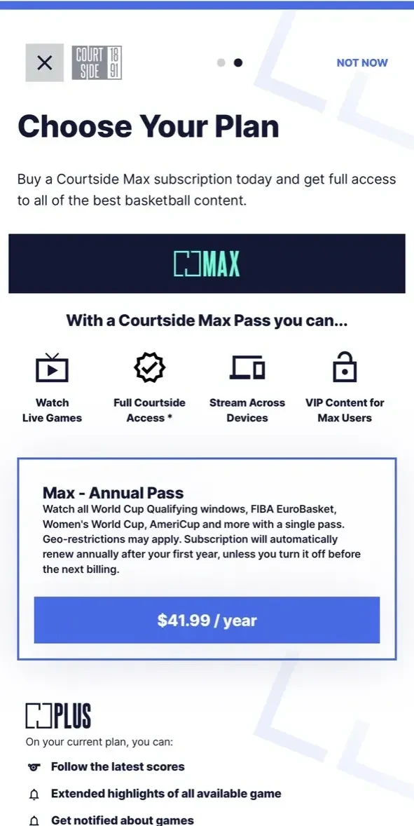 Courtside 1891 paywall screen