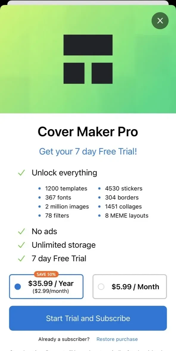 Cover Creator paywall screen