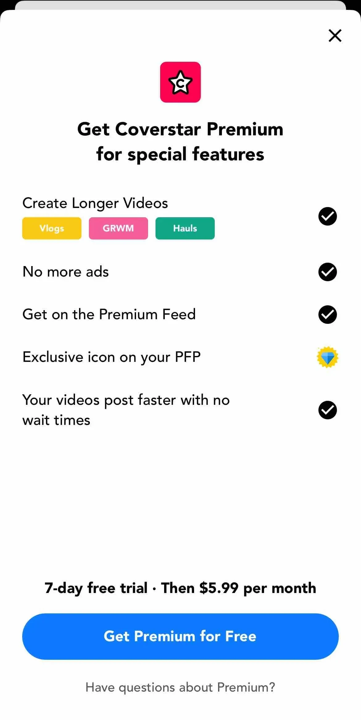 Coverstar paywall screen