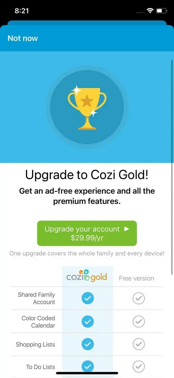 Cozi Family Organizer paywall screen