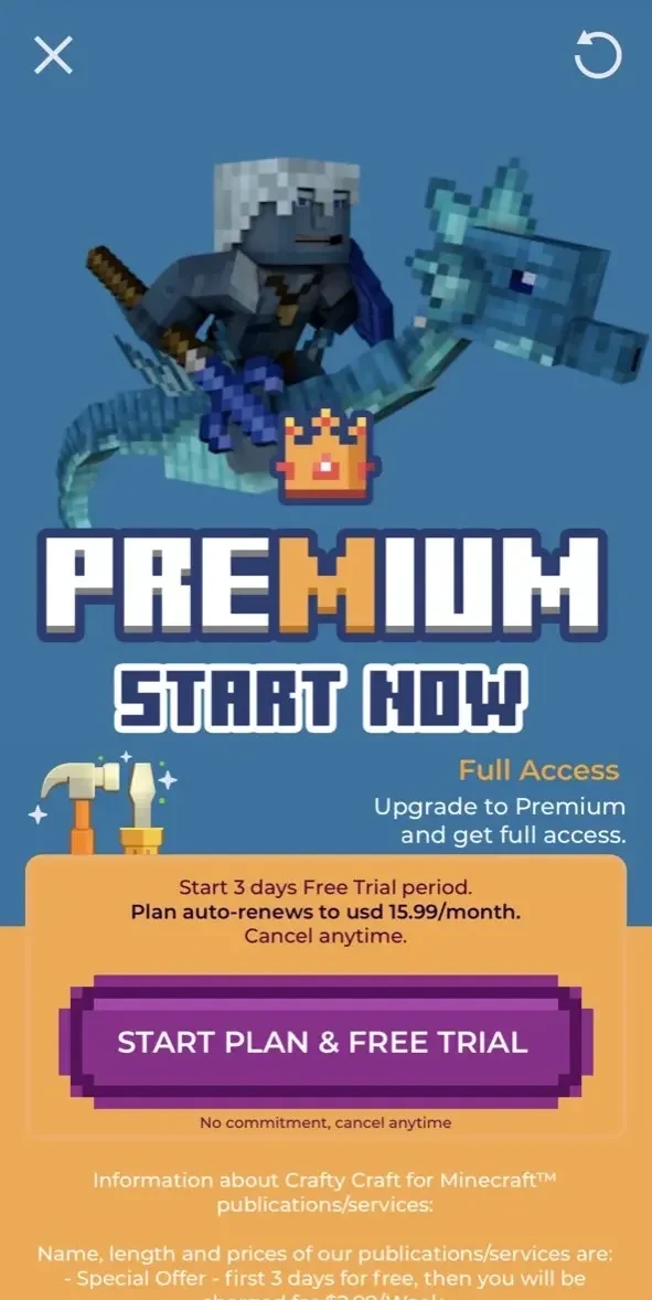 Crafty Craft For MINECRAFT Mod paywall screen