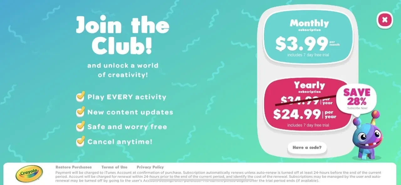 Crayola Create paywall screen