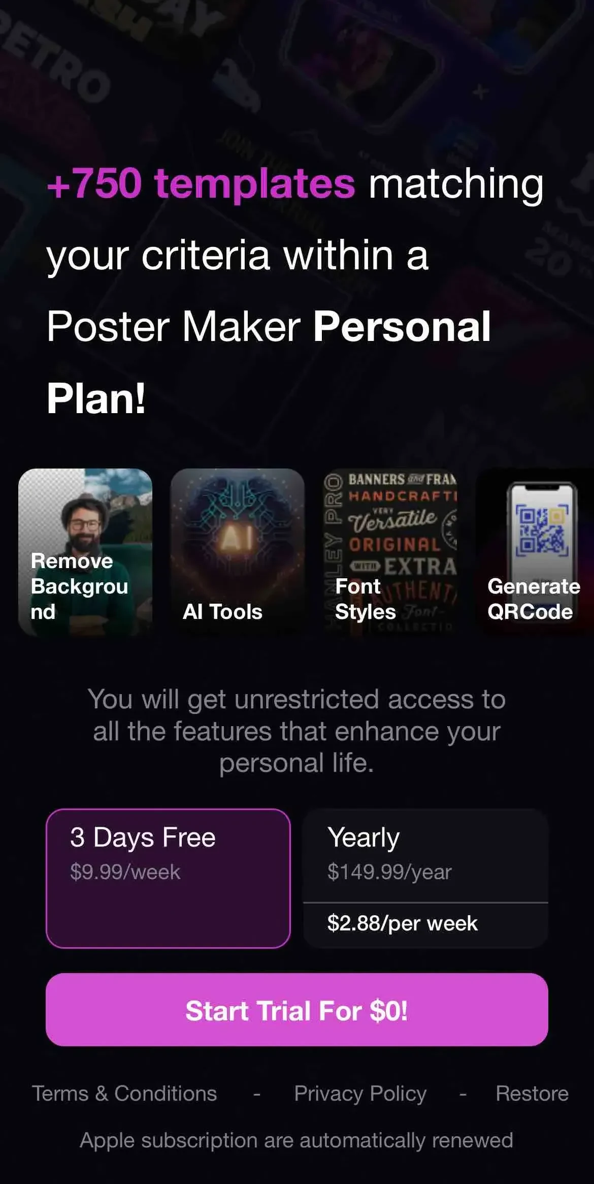 Crea paywall screen
