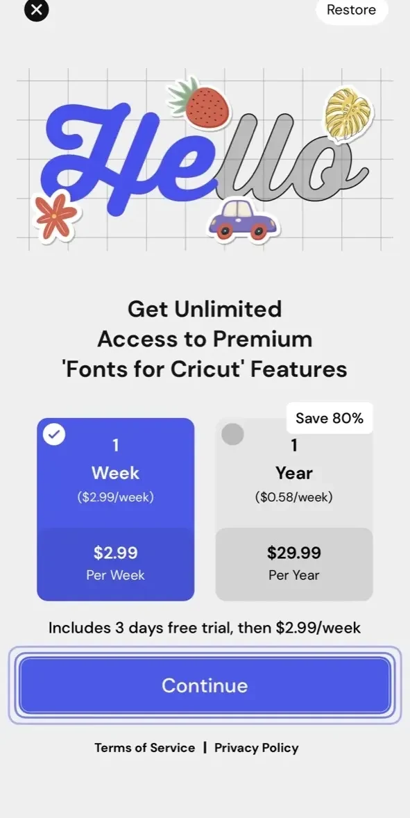 Cricut Fonts Maker paywall screen