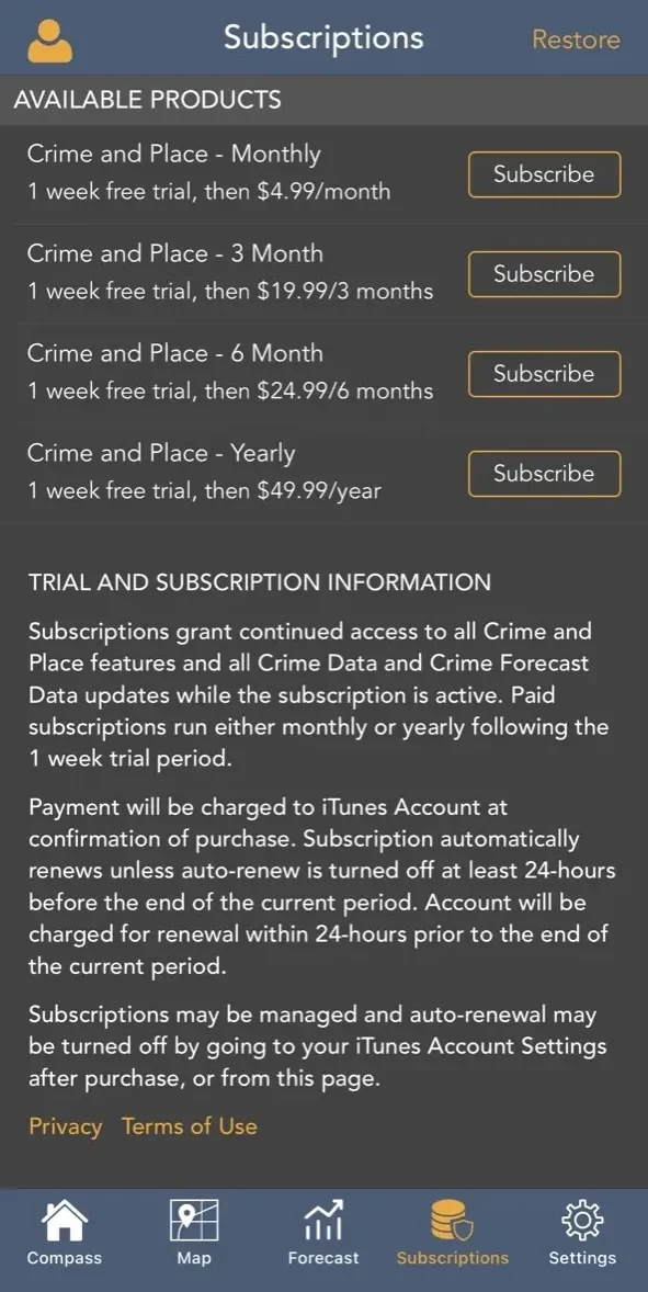 Crime & Place paywall screen