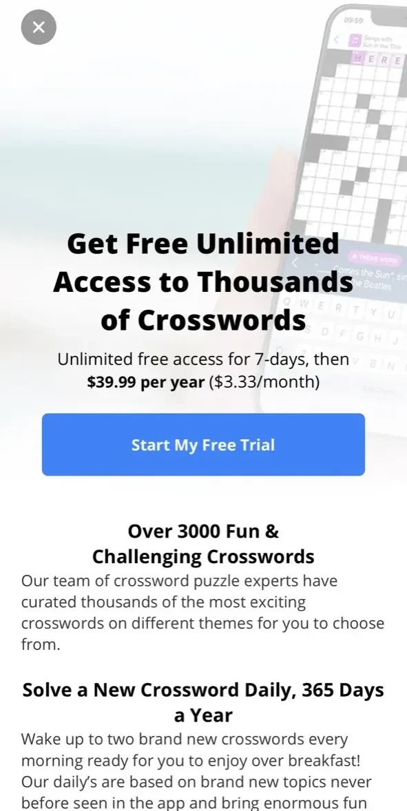 Crossword+ paywall screen