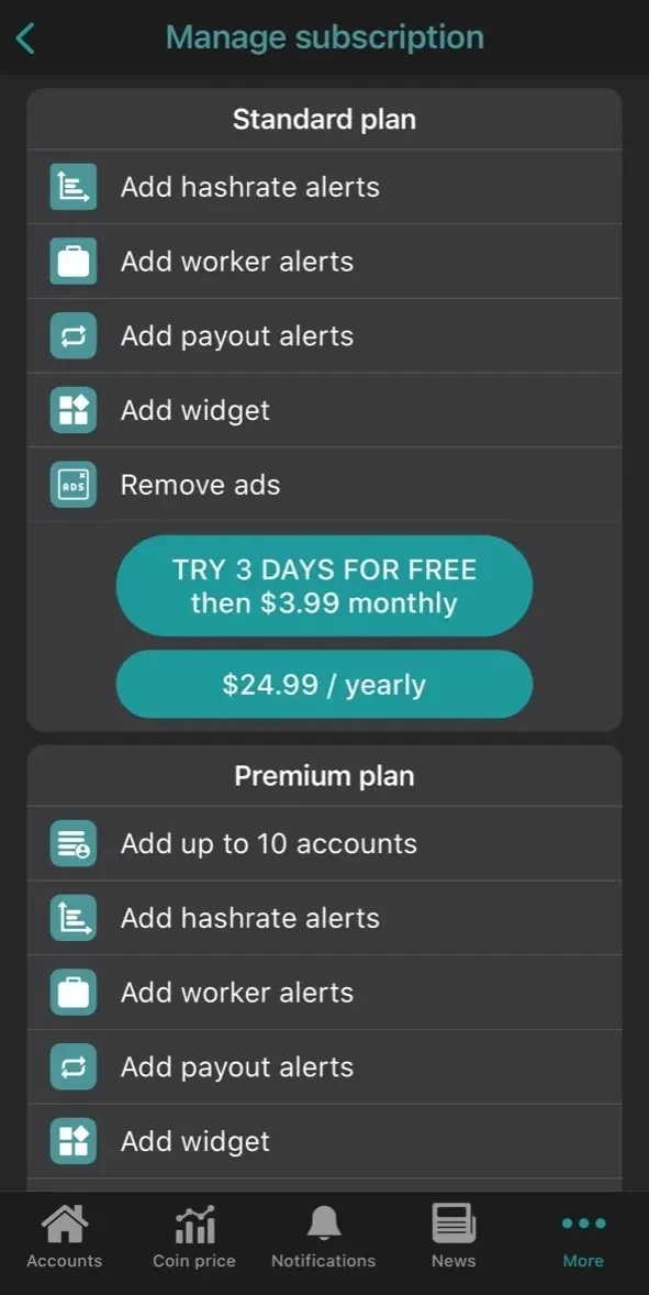 Crypto mining tracker MinerBox paywall screen