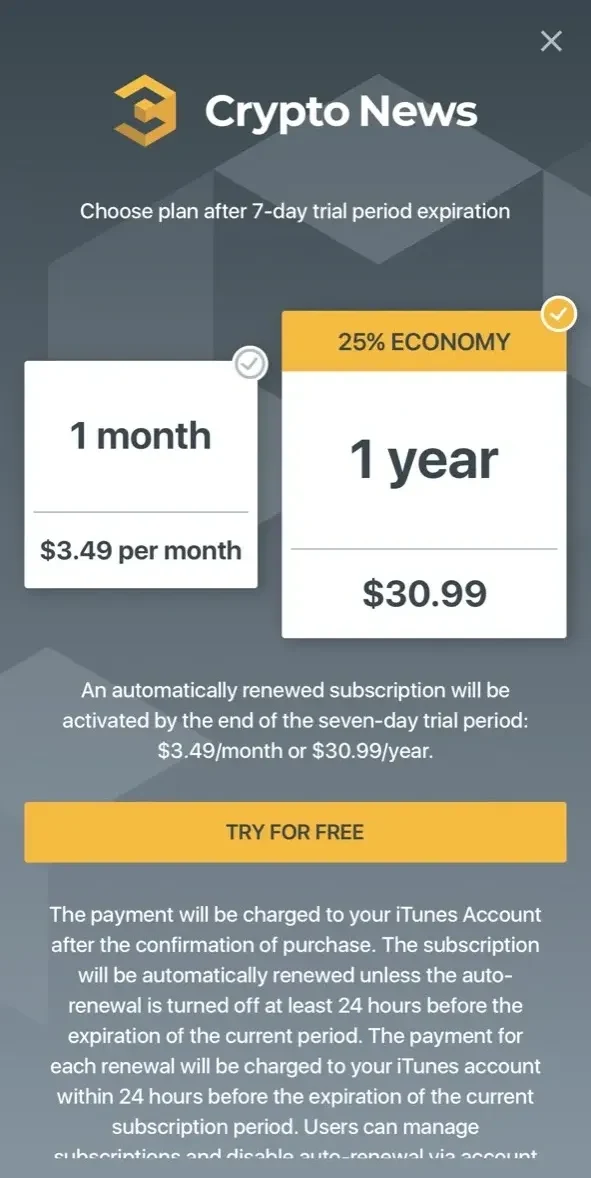 Crypto News paywall screen