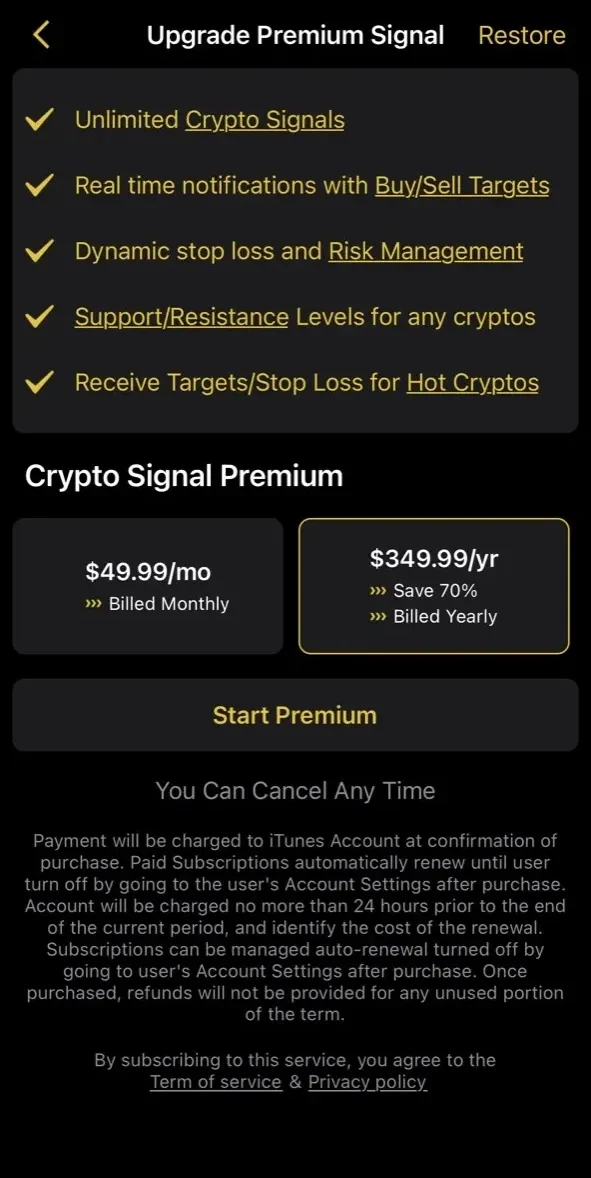 Crypto Signals paywall screen
