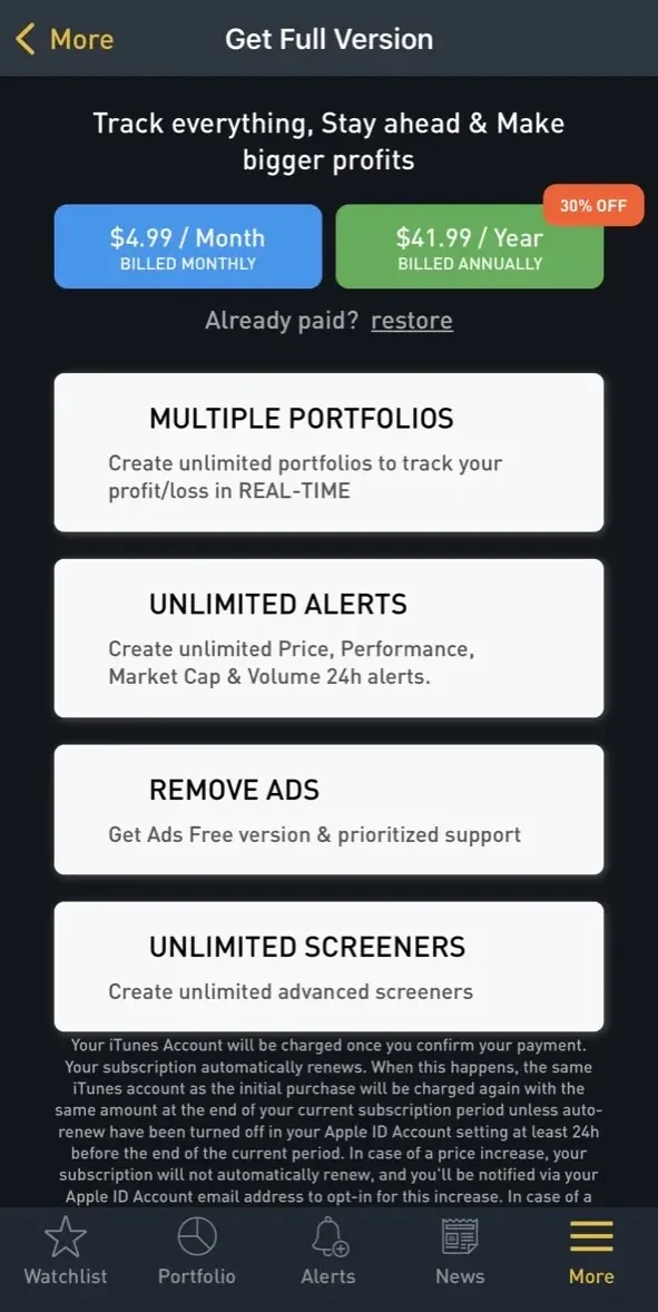 Crypto Tracker paywall screen