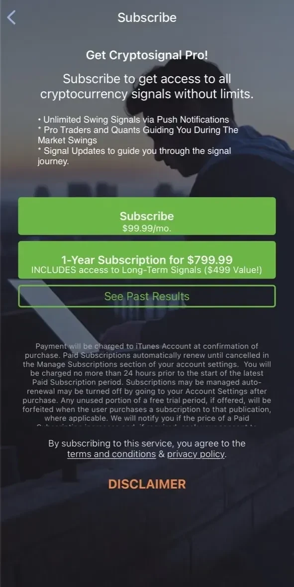 Cryptosignal paywall screen