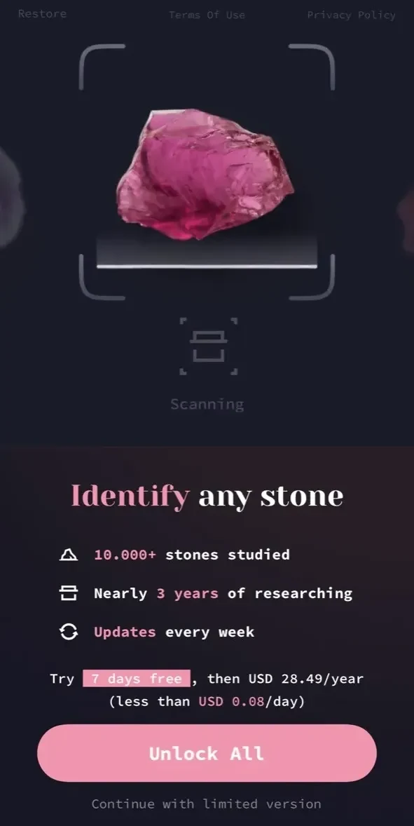 Crystal identifier. Rock guide paywall screen