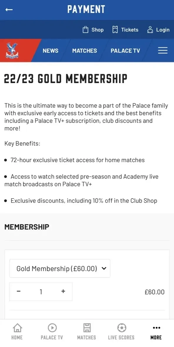 Crystal Palace FC paywall screen