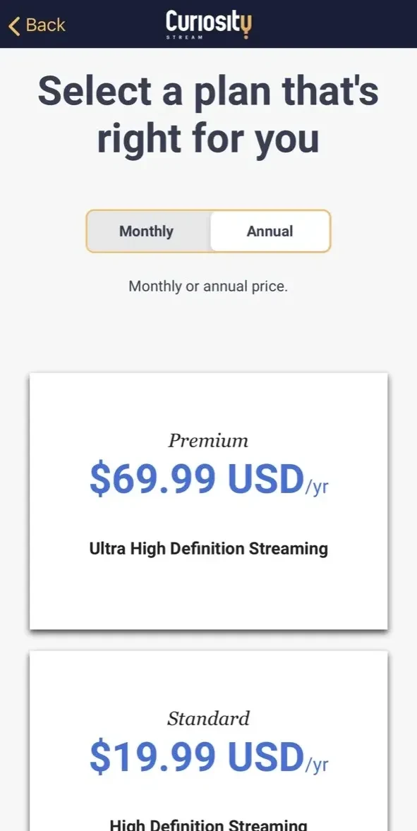 CuriosityStream paywall screen